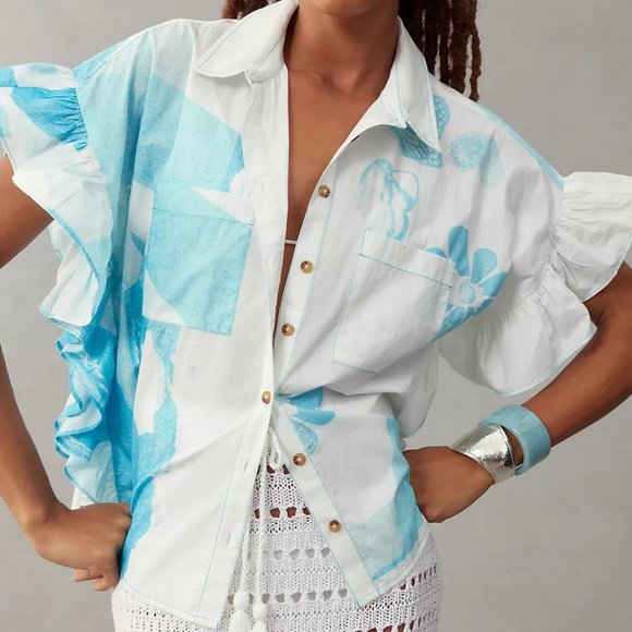 Anthropologie Tops - Anthropologie Anne Guest Cyanotype Ruffle-Sleeve Button down Blouse M nwt